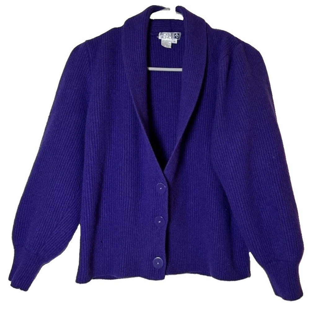 VTG 80s Adele Joyce Cardigan Women M Purple Lambswool Angora Puff Sleeve